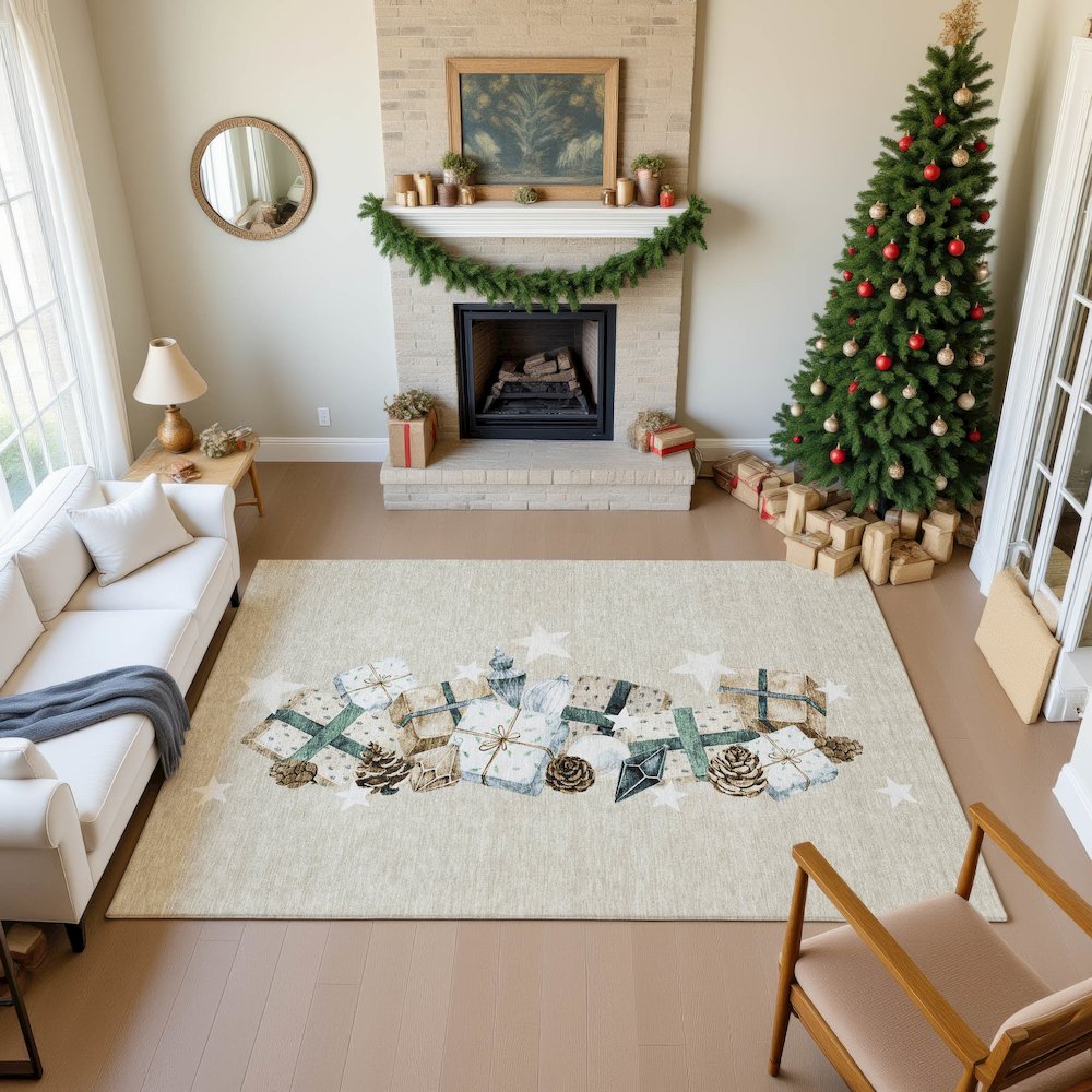 Luxury Washable Indoor/Outdoor Merry & Bright Beige 8' x 10' Rug. Picture 5