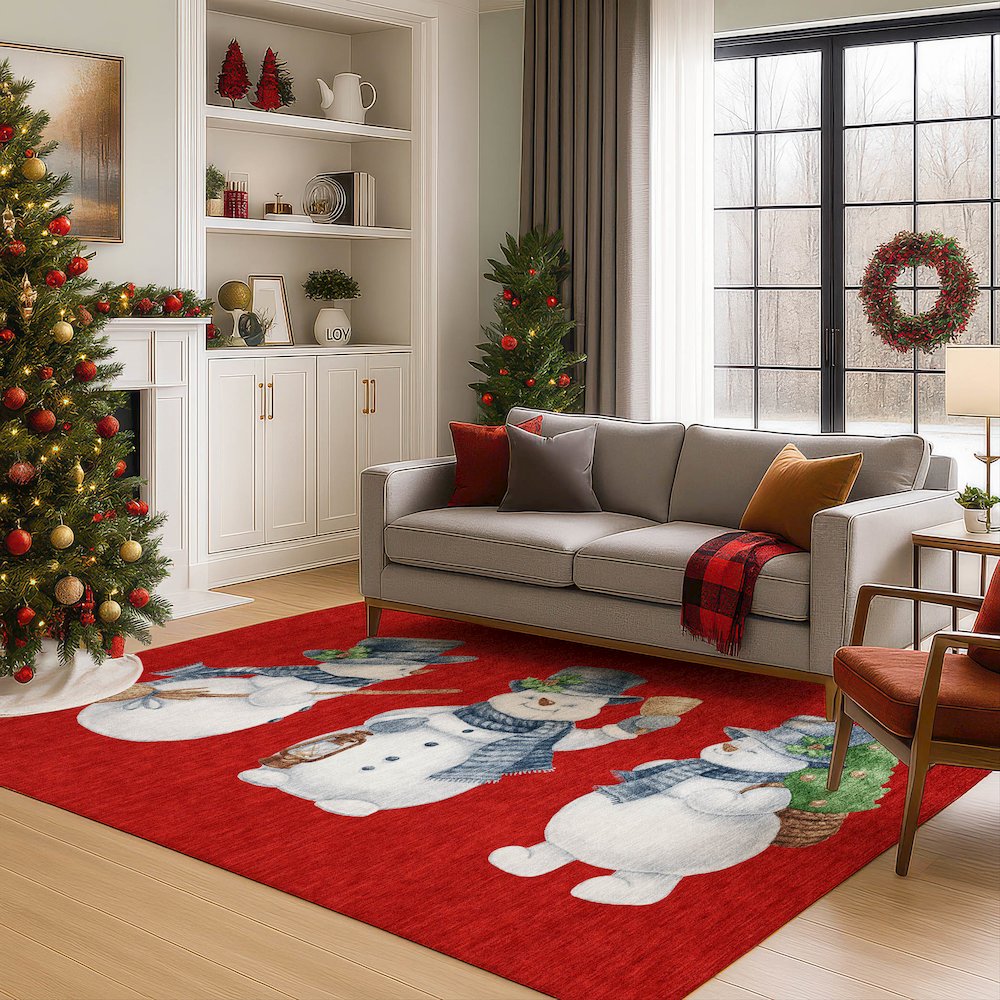 Luxury Washable Indoor/Outdoor Merry & Bright Red 8' x 10' Rug. Picture 6