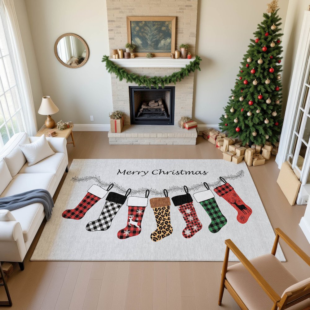 Luxury Washable Indoor/Outdoor Merry & Bright Silver 8' x 10' Rug. Picture 5