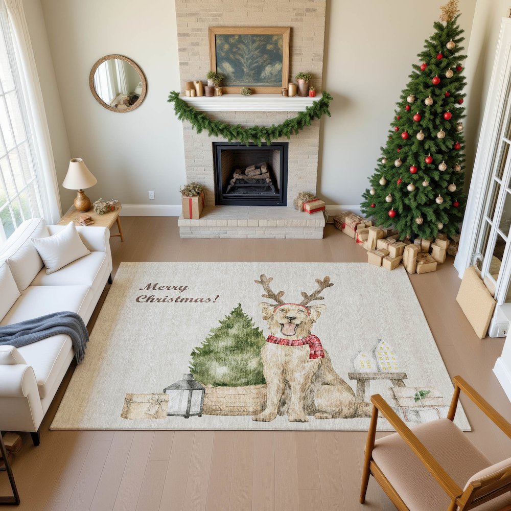 Luxury Washable Indoor/Outdoor Merry & Bright Beige 8' x 10' Rug. Picture 5