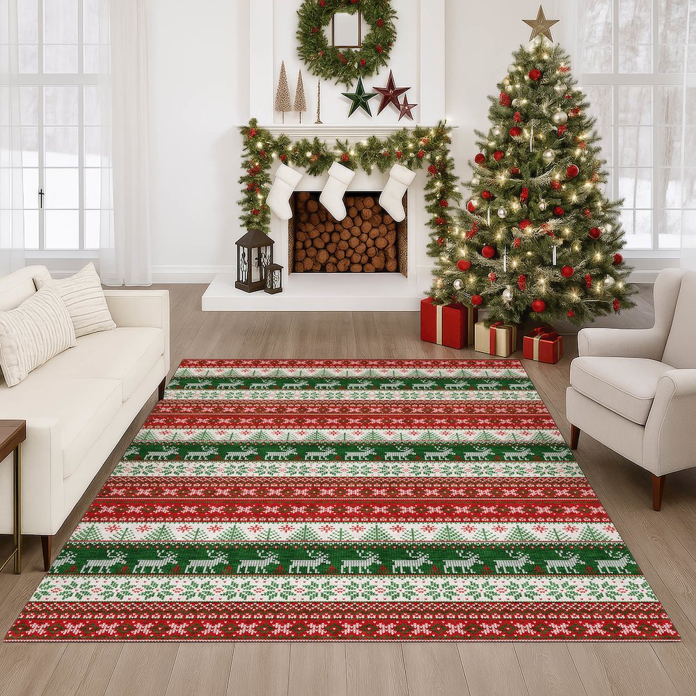 Luxury Washable Indoor/Outdoor Merry & Bright Red 8' x 10' Rug. Picture 6