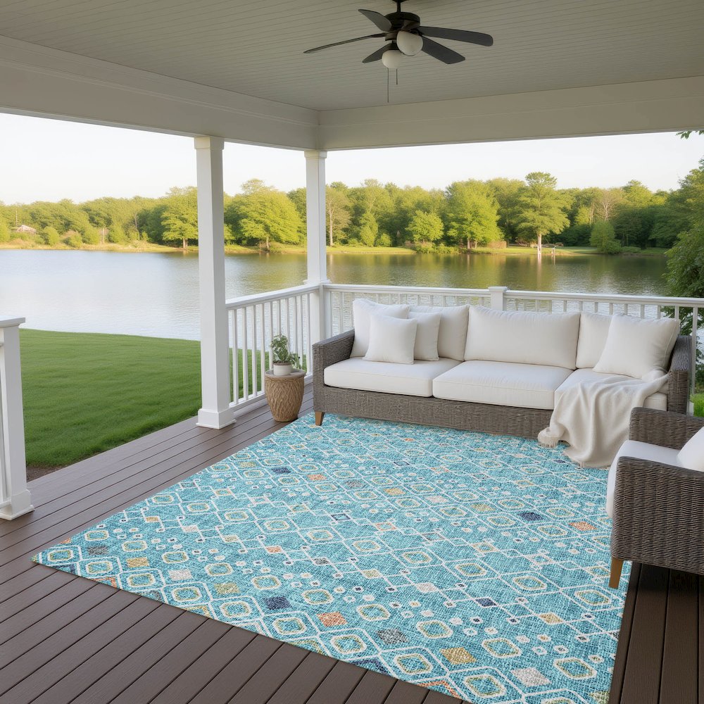 Luxury Washable Indoor/Outdoor Portico Teal 8' x 10' Rug. Picture 6