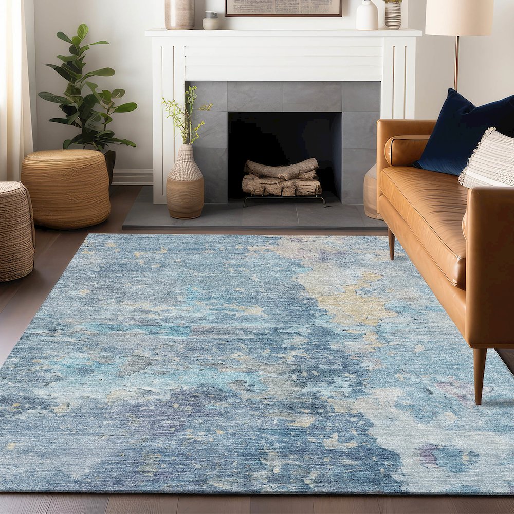 Luxury Washable Indoor/Outdoor Ravenna Blue 8' x 10' Rug. Picture 6