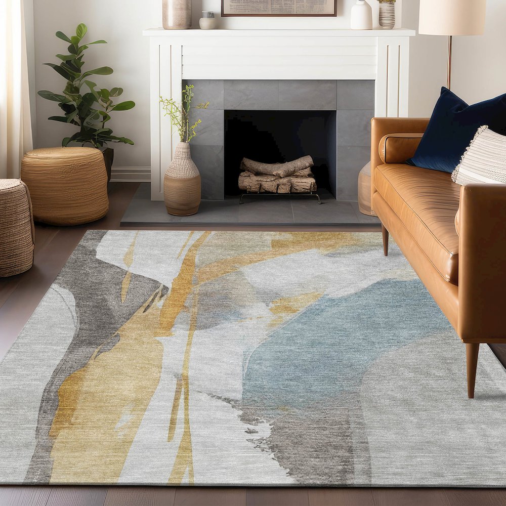 Luxury Washable Indoor/Outdoor Ravenna Gold 8' x 10' Rug. Picture 6