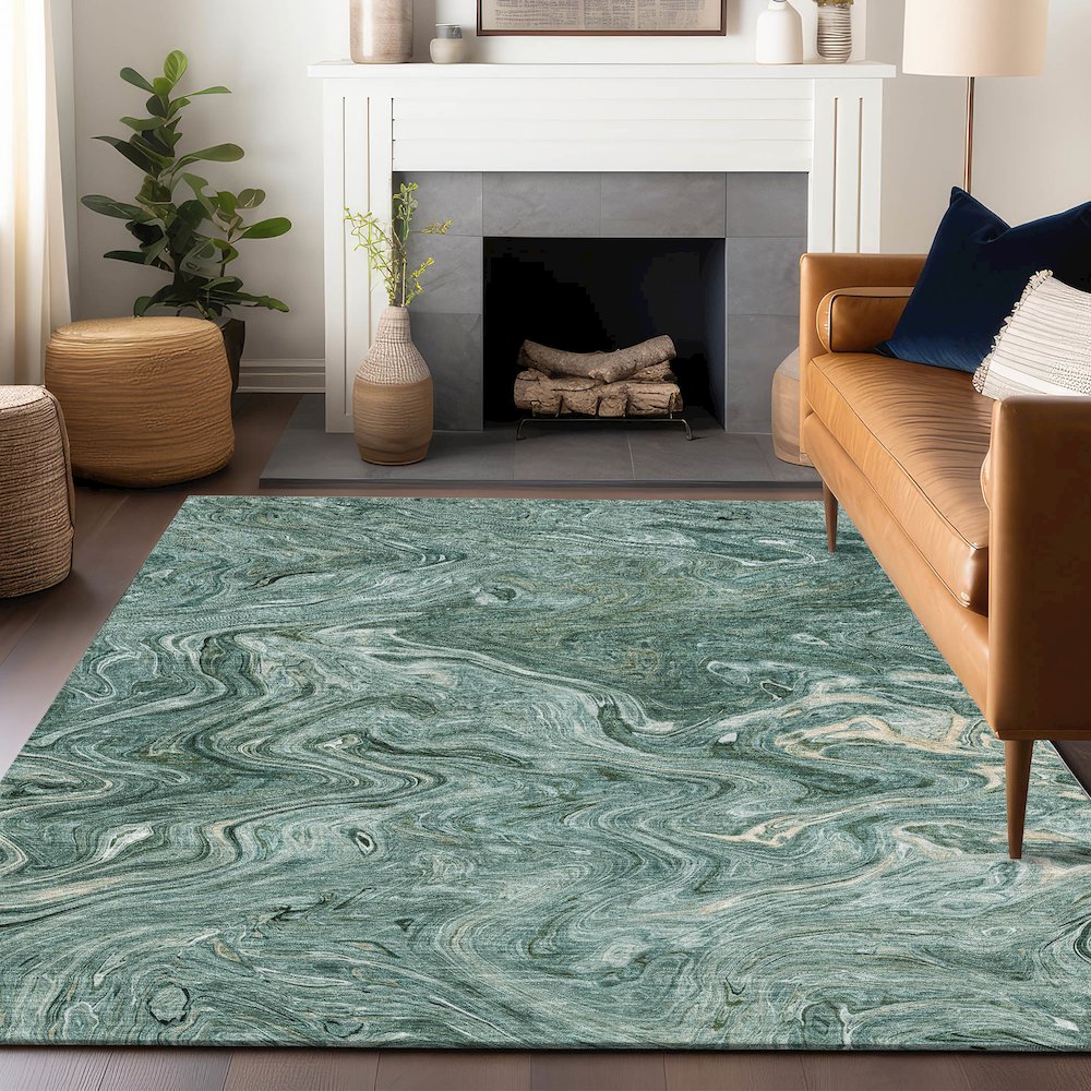 Luxury Washable Indoor/Outdoor Ravenna Teal 8' x 10' Rug. Picture 6