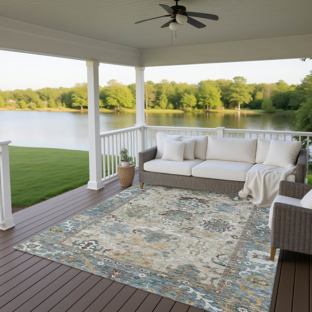 Indoor/Outdoor Silk Road Aqua 6'6" x 9'6" Rug. Picture 7