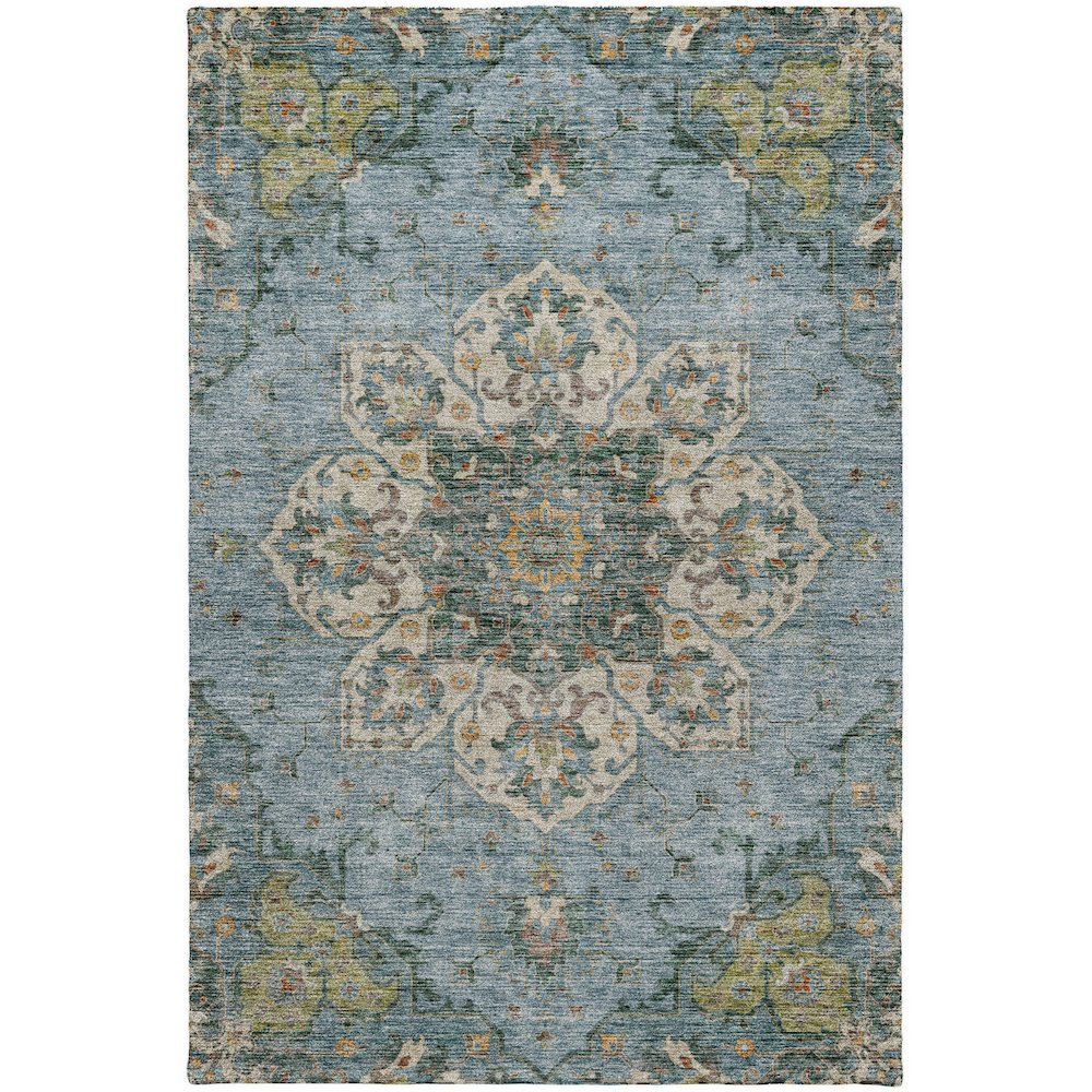 Indoor/Outdoor Silk Road Aqua 6'6" x 9'6" Rug. Picture 1