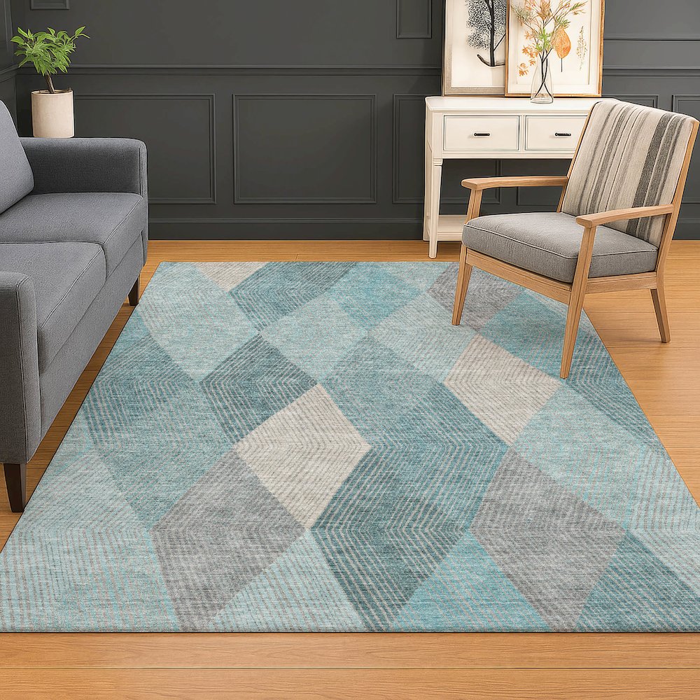 Luxury Washable Indoor/Outdoor The Reserve Turquoise 8' x 10' Rug. Picture 5