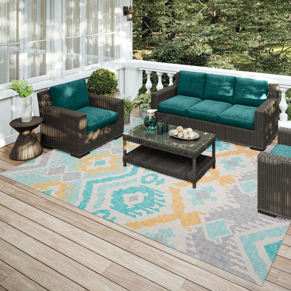 Yuma Aqua Bohemian Ikat 5' x 7'6" Area Rug Aqua AYU32. Picture 1