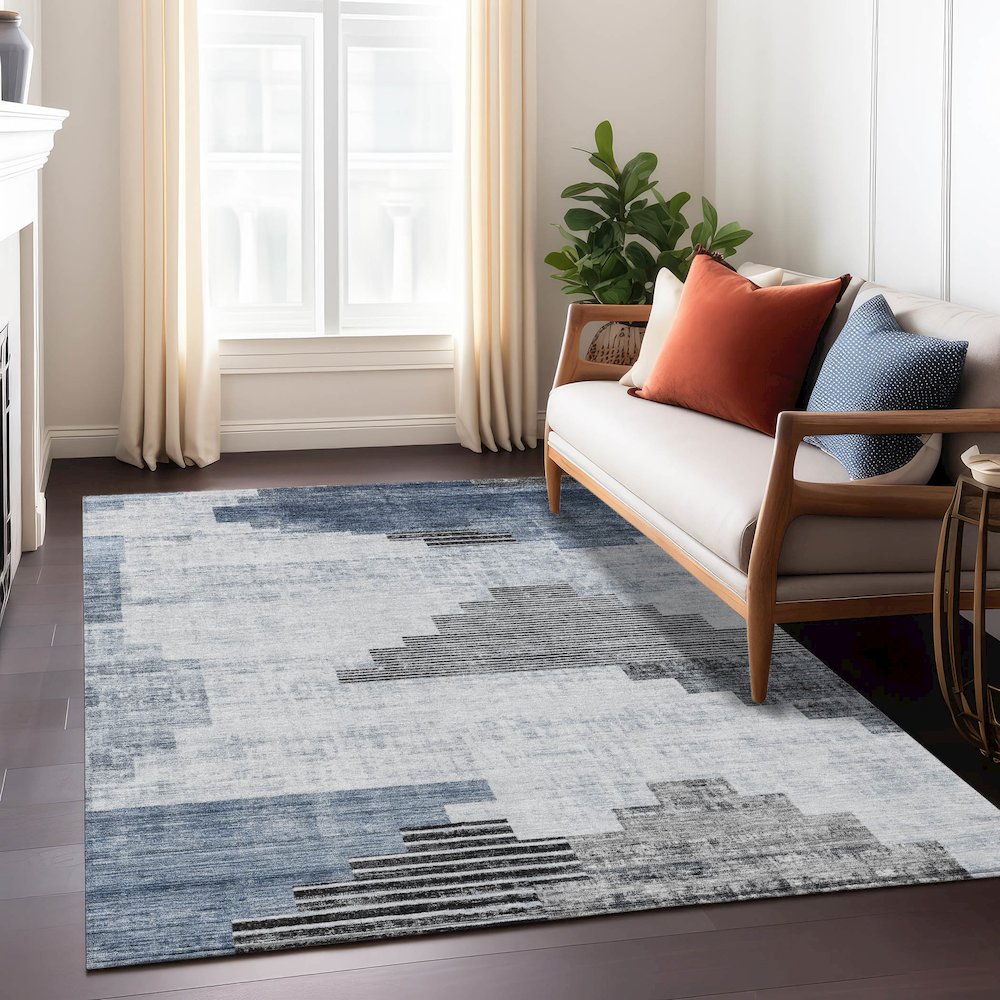 Machine Washable Indoor/Outdoor Chantille Blue 9' x 12' Rug. Picture 6