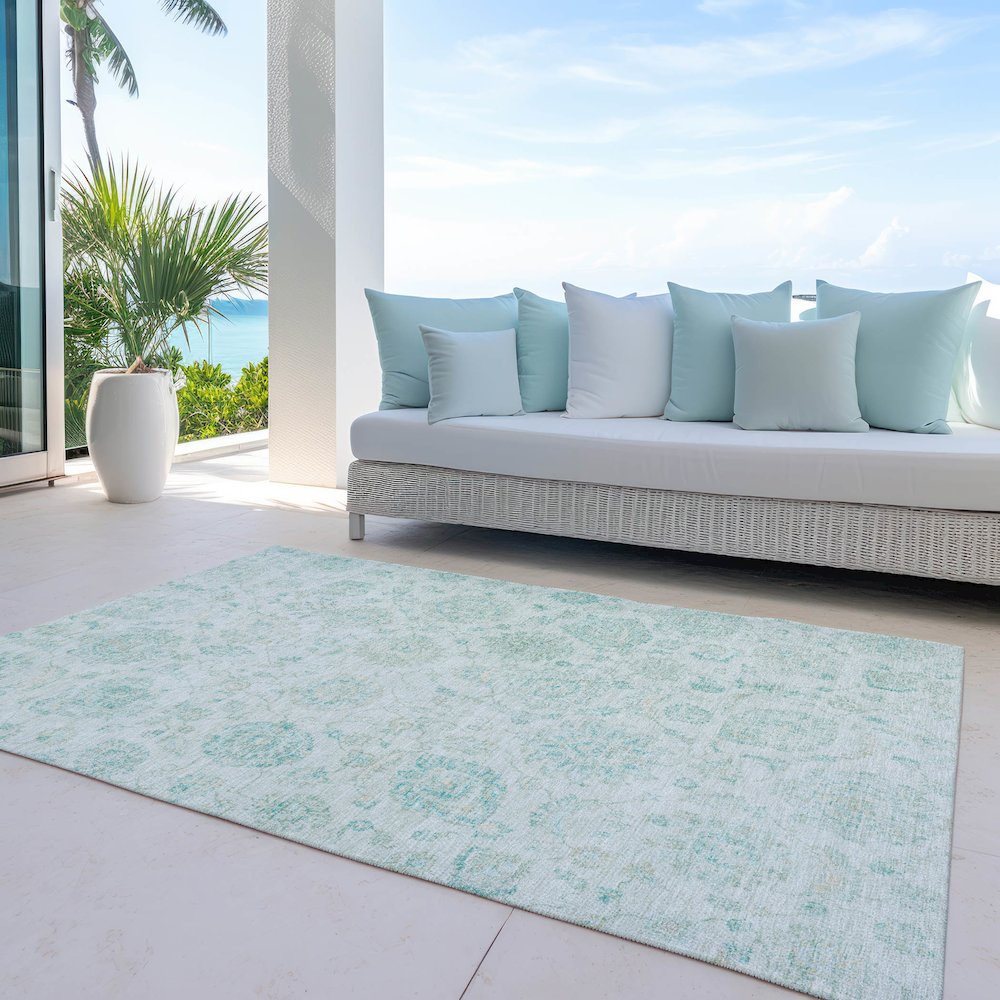 Machine Washable Indoor/Outdoor Chantille Turquoise 9' x 12' Rug. Picture 7