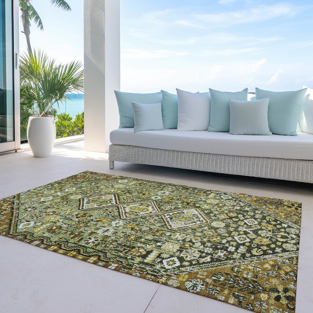 Machine Washable Indoor/Outdoor Chantille Olive 9' x 12' Rug. Picture 7