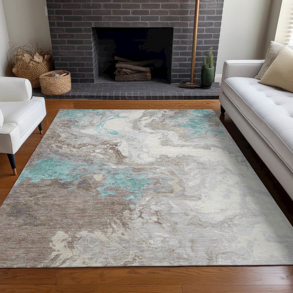 Machine Washable Indoor/Outdoor Chantille Teal 9' x 12' Rug. Picture 6