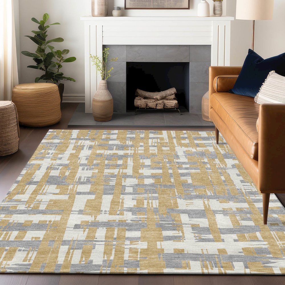Machine Washable Indoor/Outdoor Chantille Gold 9' x 12' Rug. Picture 5