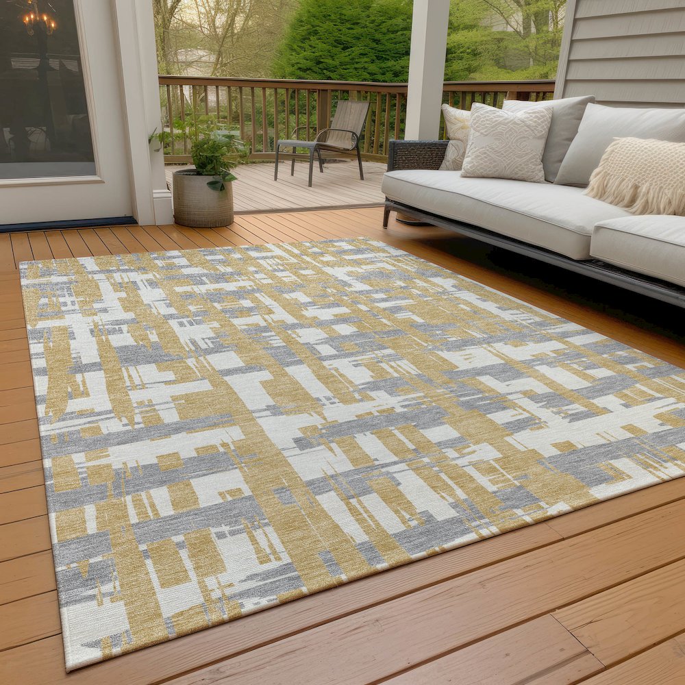 Machine Washable Indoor/Outdoor Chantille Gold 9' x 12' Rug. Picture 8