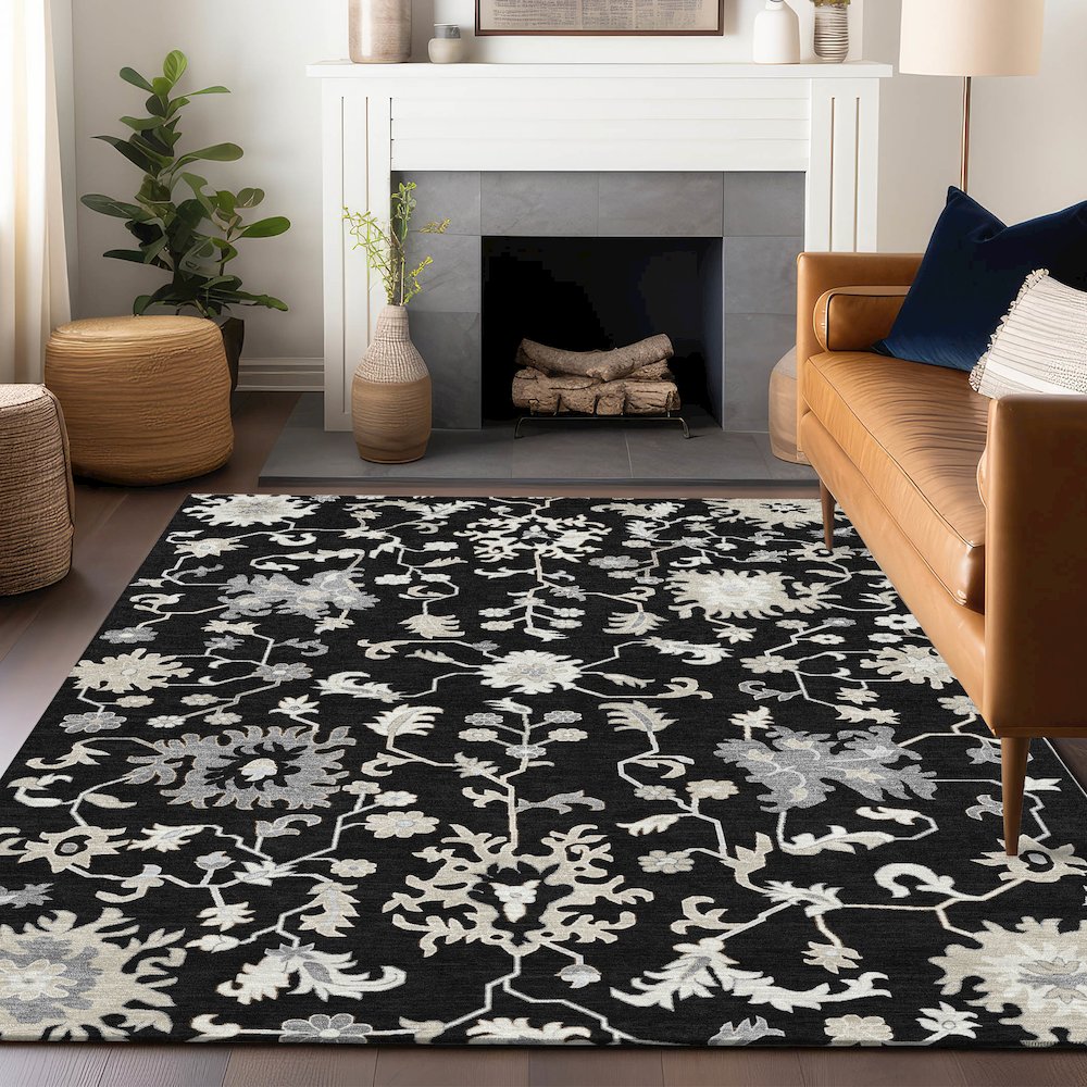 Machine Washable Indoor/Outdoor Chantille Black 9' x 12' Rug. Picture 5
