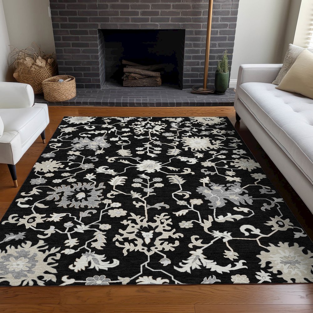 Machine Washable Indoor/Outdoor Chantille Black 9' x 12' Rug. Picture 6