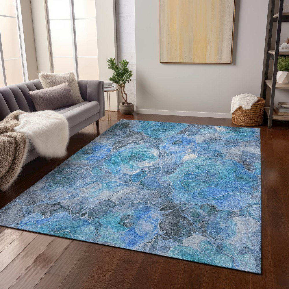 Machine Washable Indoor/Outdoor Chantille Blue 9' x 12' Rug. Picture 6