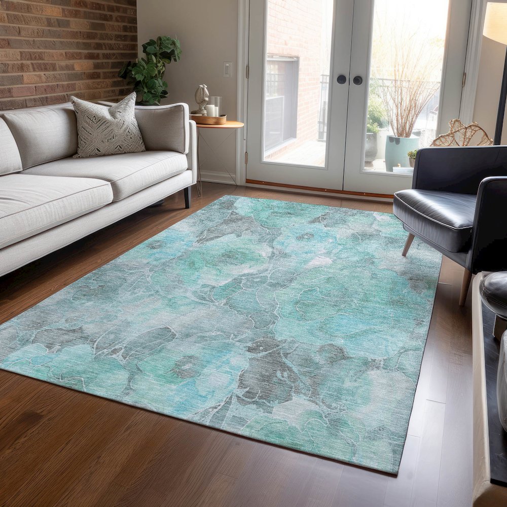 Machine Washable Indoor/Outdoor Chantille Teal 9' x 12' Rug. Picture 5