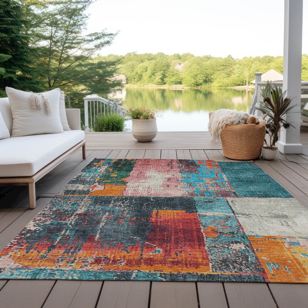 Machine Washable Indoor/Outdoor Chantille Teal 9' x 12' Rug. Picture 7