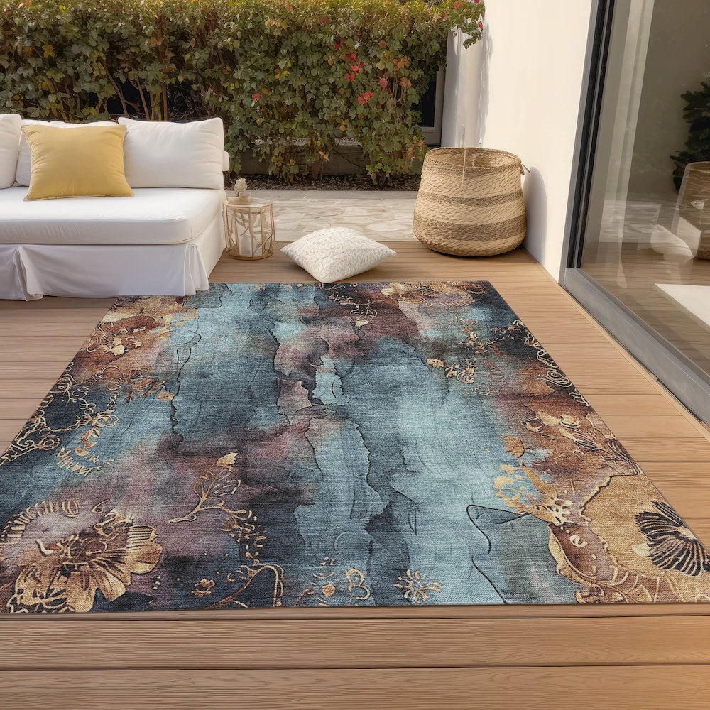 Machine Washable Indoor/Outdoor Chantille Blue 9' x 12' Rug. Picture 8