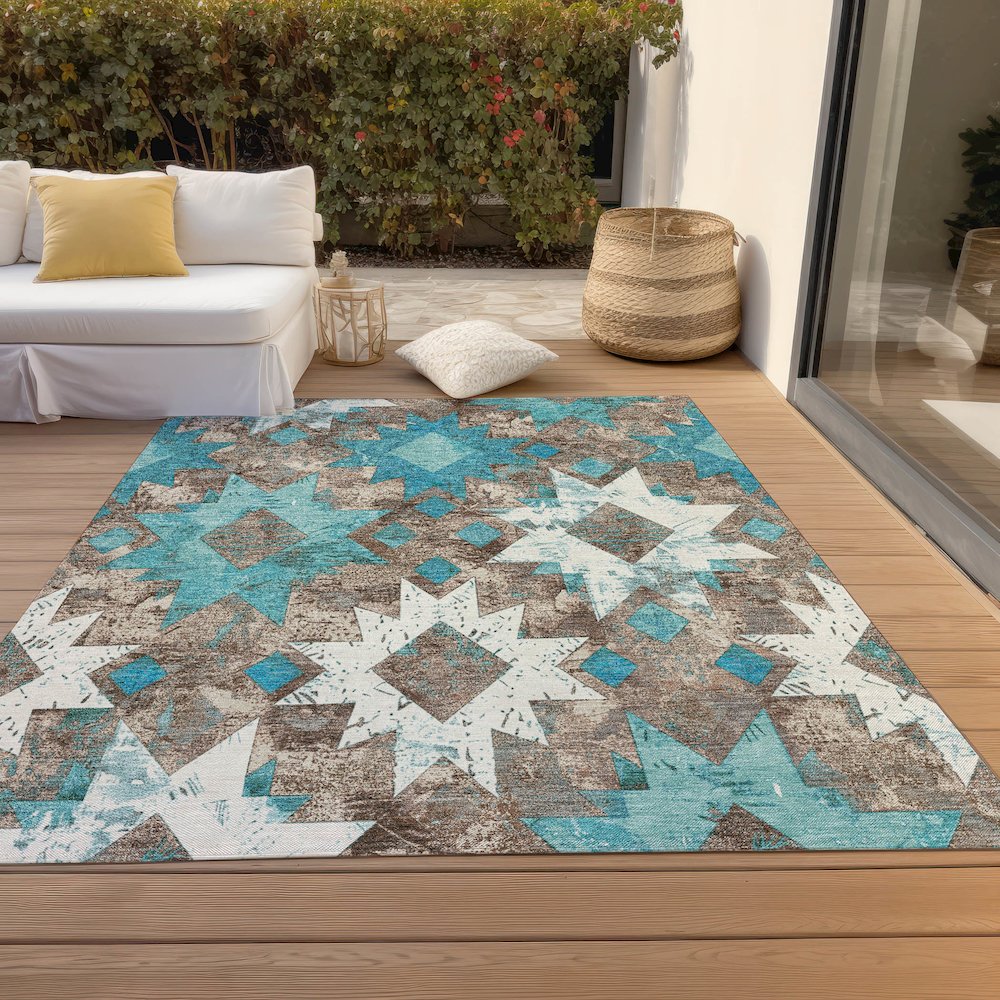 Machine Washable Indoor/Outdoor Chantille Teal 9' x 12' Rug. Picture 8