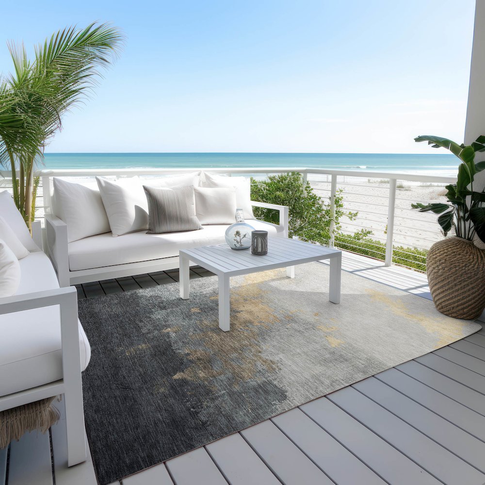Machine Washable Indoor/Outdoor Chantille Gold 9' x 12' Rug. Picture 7
