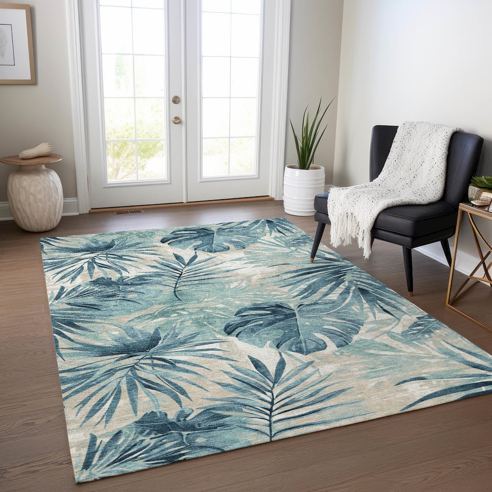 Machine Washable Indoor/Outdoor Chantille Teal 9' x 12' Rug. Picture 5