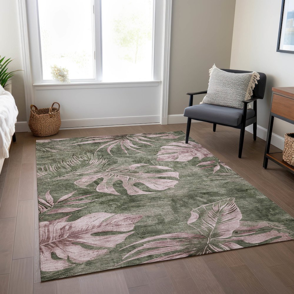 Machine Washable Indoor/Outdoor Chantille Olive 9' x 12' Rug. Picture 6
