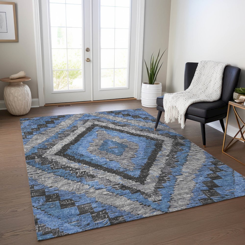 Machine Washable Indoor/Outdoor Chantille Blue 9' x 12' Rug. Picture 5