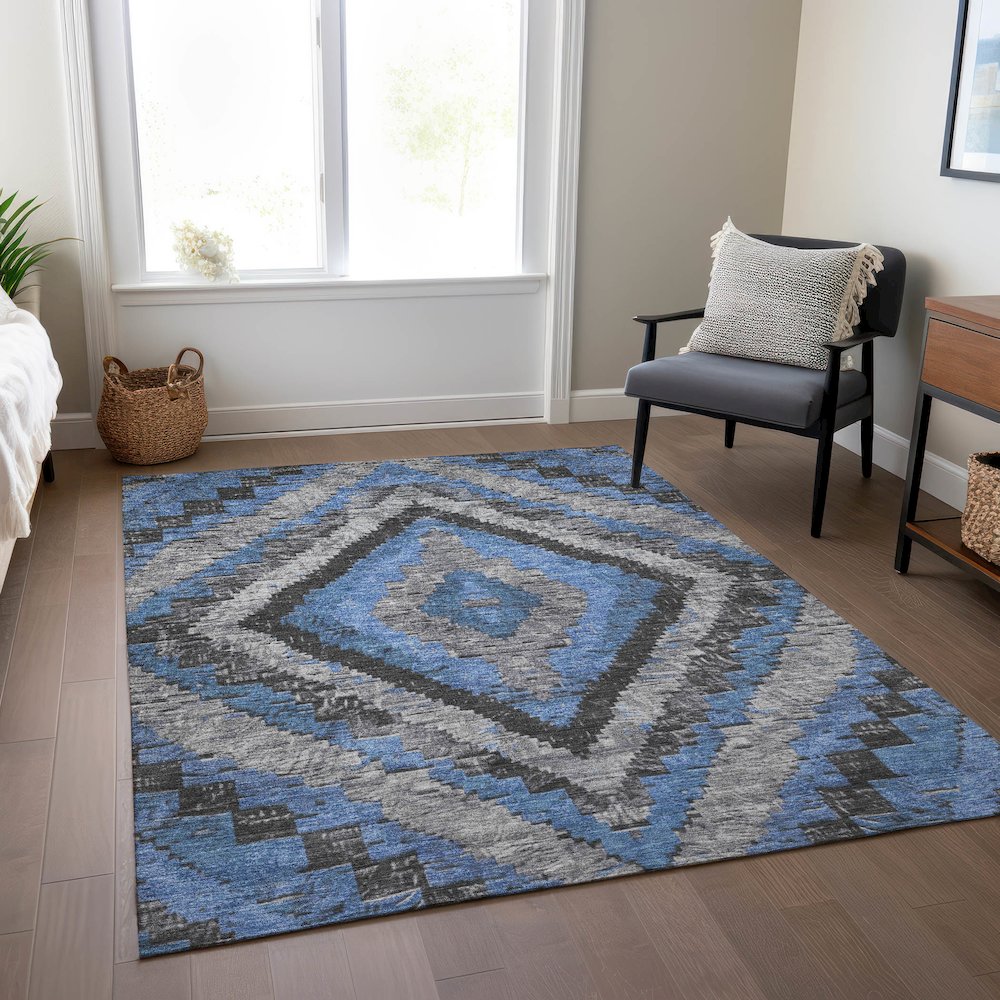 Machine Washable Indoor/Outdoor Chantille Blue 9' x 12' Rug. Picture 6