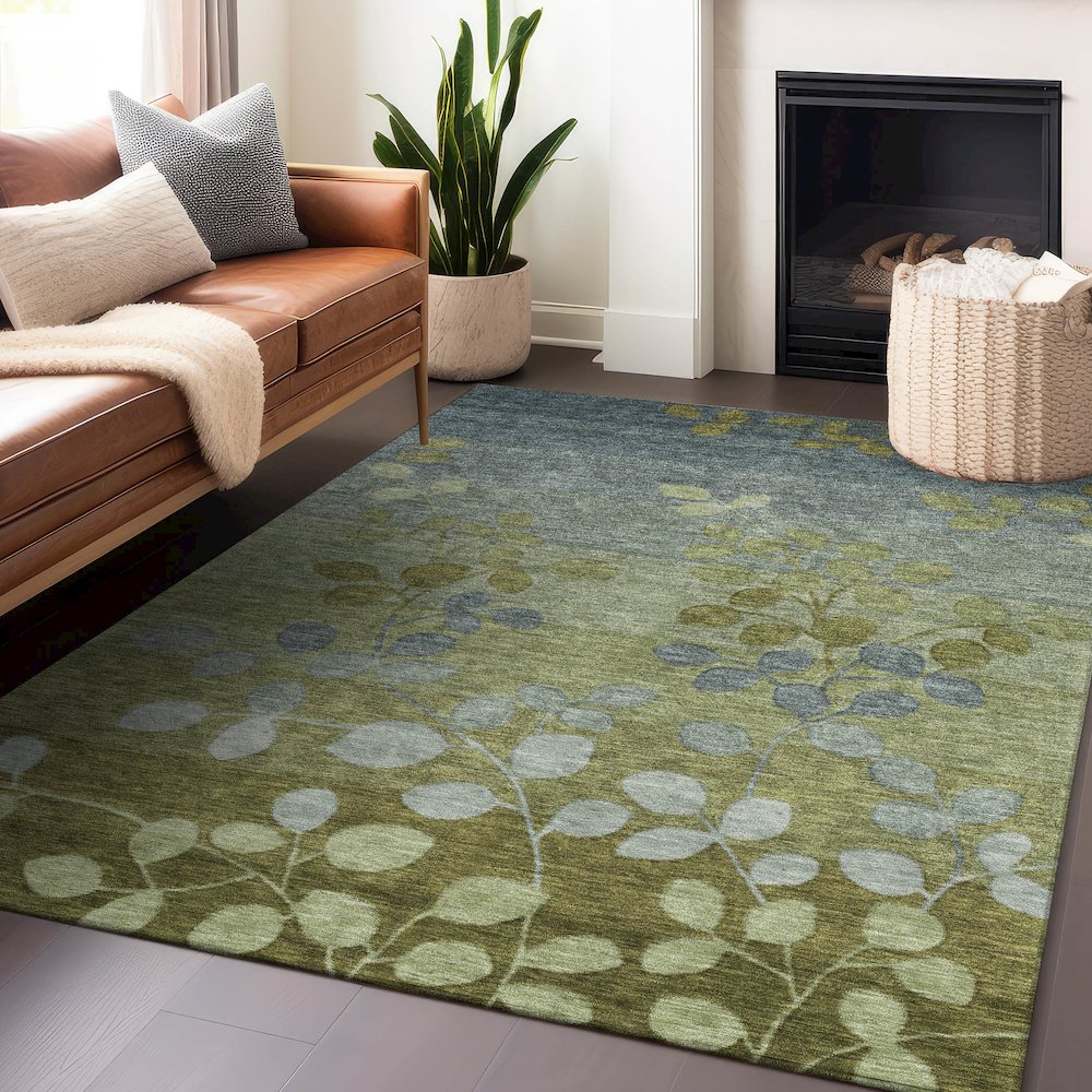 Machine Washable Indoor/Outdoor Chantille Olive 9' x 12' Rug. Picture 5