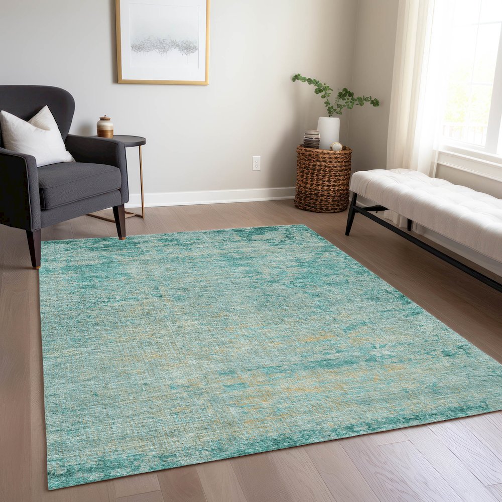 Machine Washable Indoor/Outdoor Chantille Teal 9' x 12' Rug. Picture 6