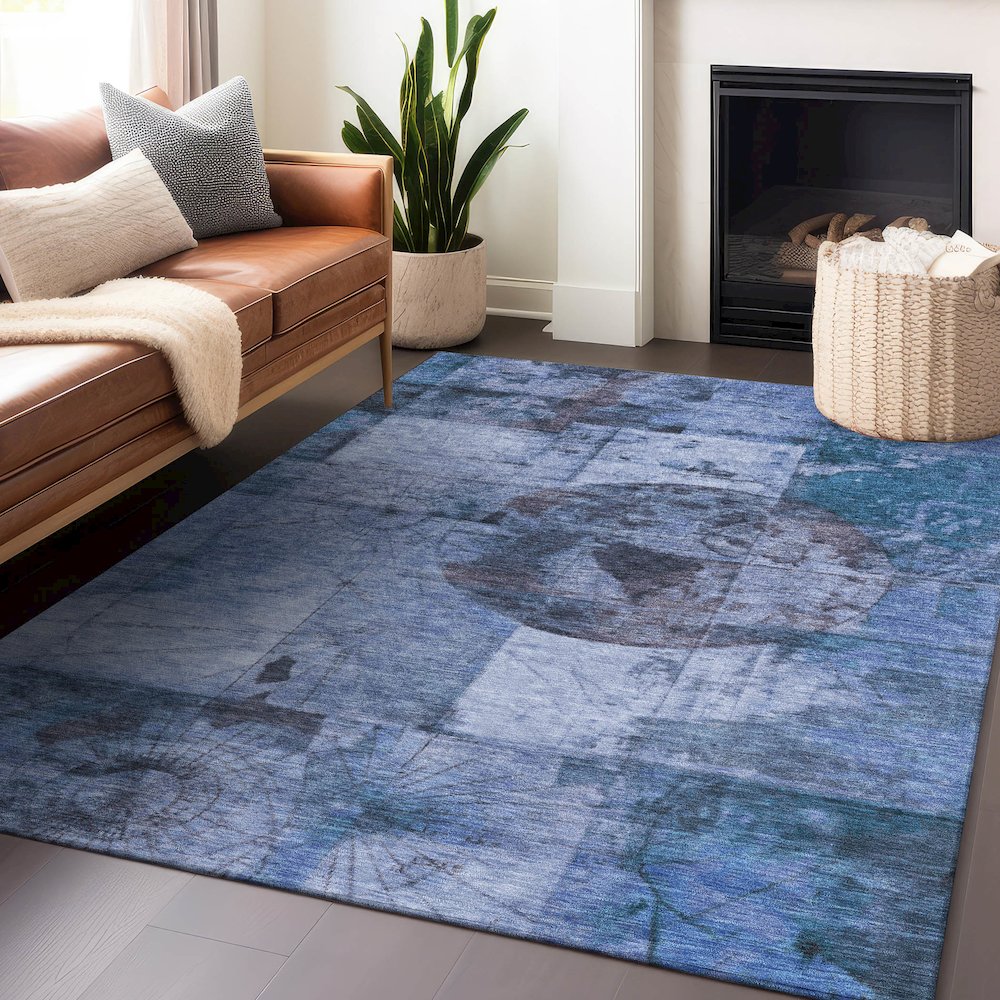Machine Washable Indoor/Outdoor Chantille Blue 9' x 12' Rug. Picture 5