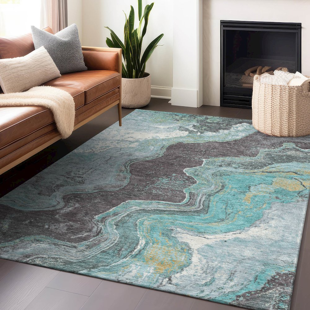 Machine Washable Indoor/Outdoor Chantille Teal 9' x 12' Rug. Picture 5