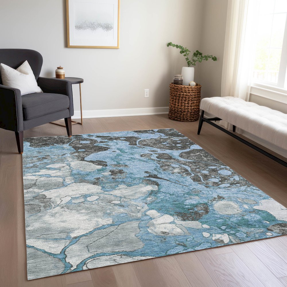 Machine Washable Indoor/Outdoor Chantille Blue 9' x 12' Rug. Picture 6