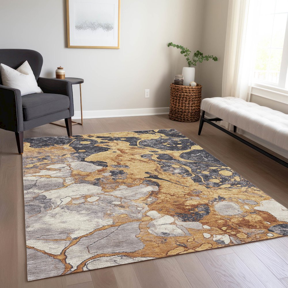 Machine Washable Indoor/Outdoor Chantille Gold 9' x 12' Rug. Picture 6