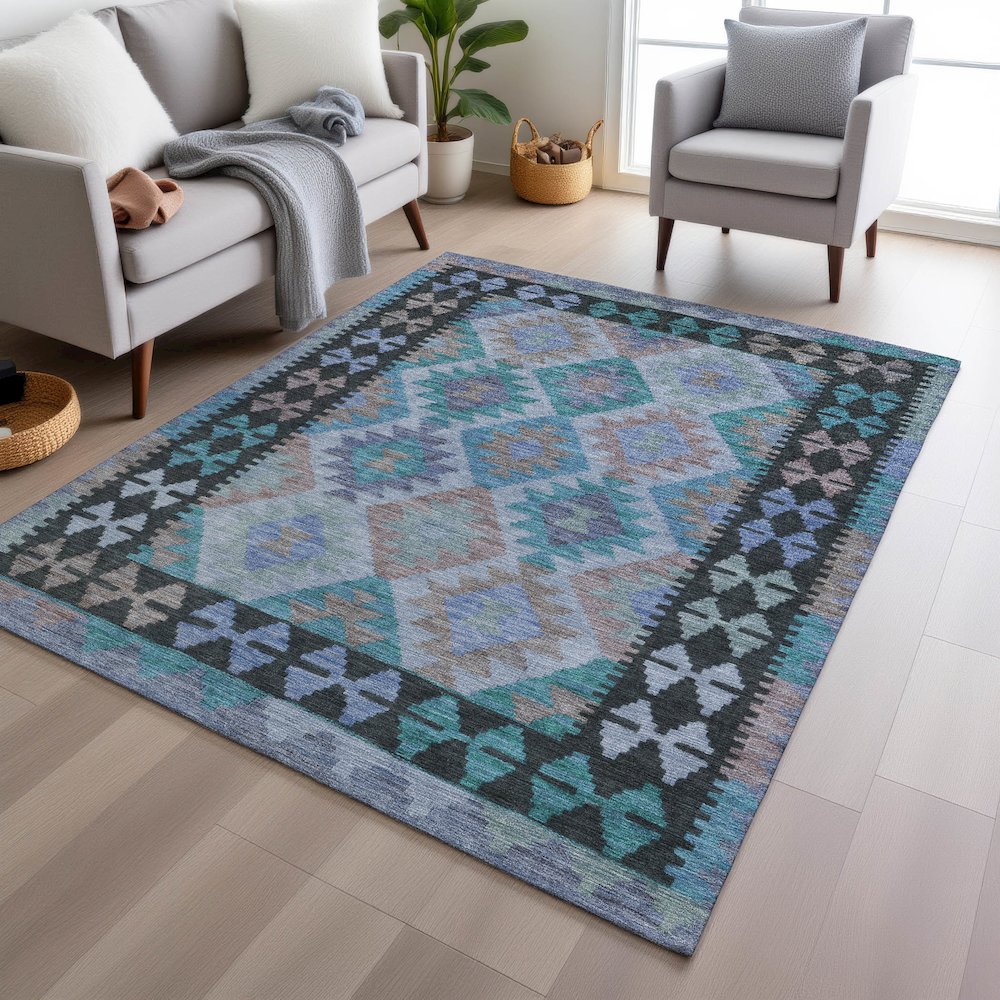 Machine Washable Indoor/Outdoor Chantille Teal 9' x 12' Rug. Picture 5