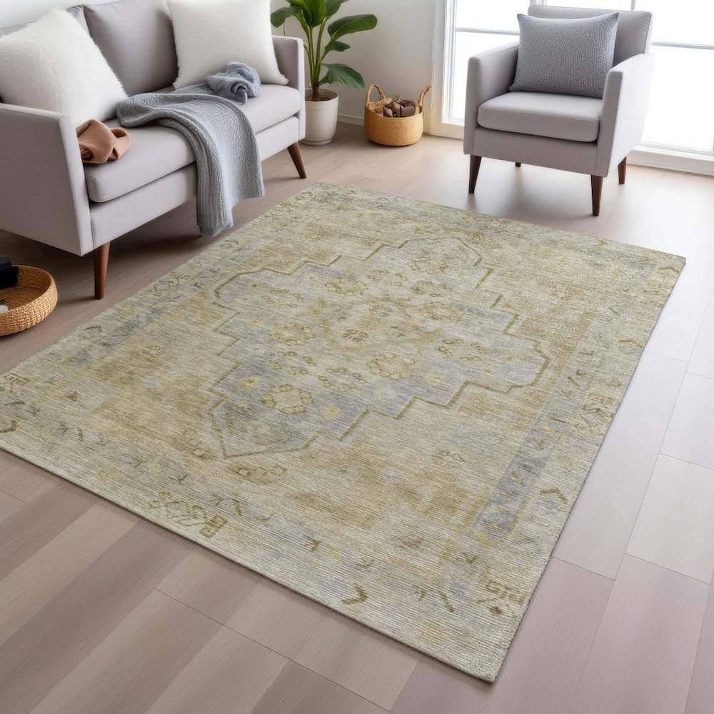 Machine Washable Indoor/Outdoor Chantille Gold 9' x 12' Rug. Picture 5