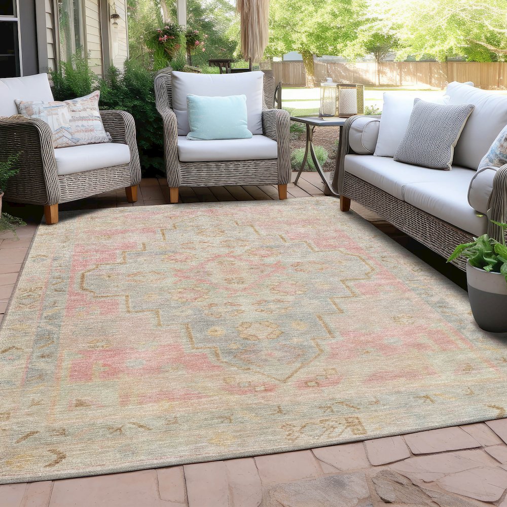 Machine Washable Indoor/Outdoor Chantille Pink 9' x 12' Rug. Picture 7