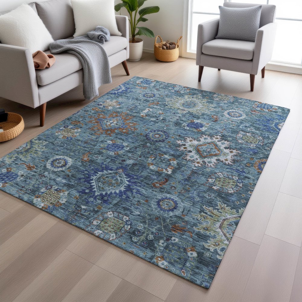 Machine Washable Indoor/Outdoor Chantille Blue 9' x 12' Rug. Picture 5