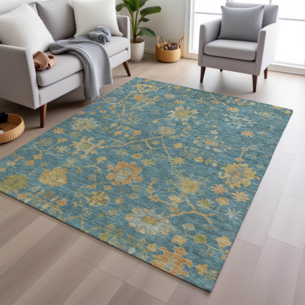 Machine Washable Indoor/Outdoor Chantille Teal 9' x 12' Rug. Picture 5