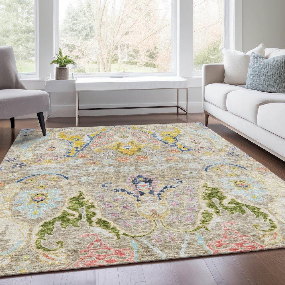 Machine Washable Indoor/Outdoor Chantille Beige 9' x 12' Rug. Picture 6