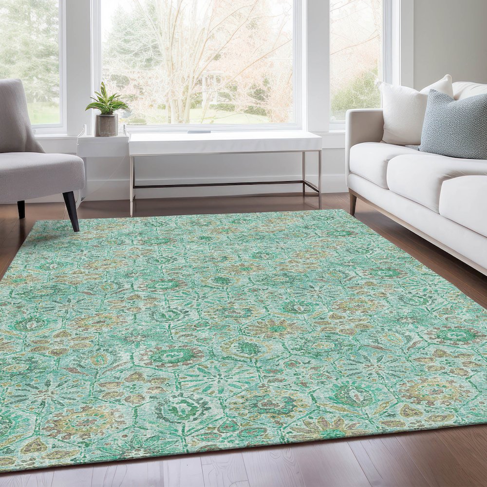 Machine Washable Indoor/Outdoor Chantille Aqua 9' x 12' Rug. Picture 6