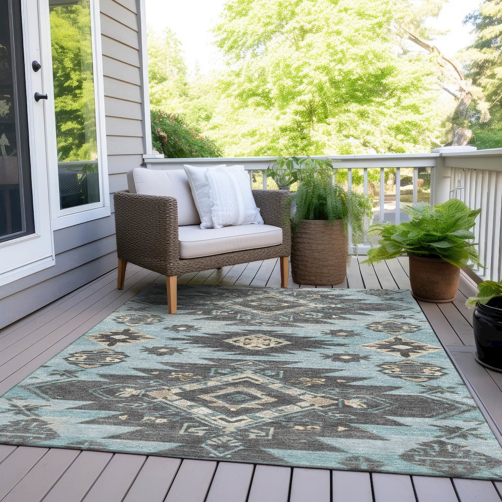 Machine Washable Indoor/Outdoor Chantille Teal 9' x 12' Rug. Picture 8