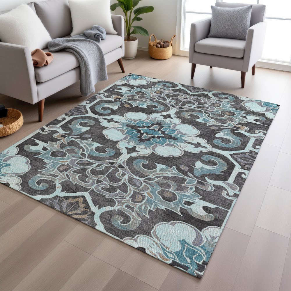 Machine Washable Indoor/Outdoor Chantille Teal 9' x 12' Rug. Picture 5