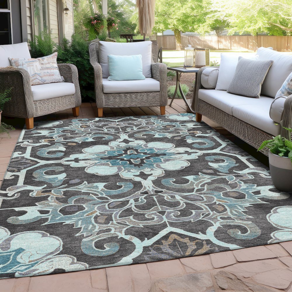 Machine Washable Indoor/Outdoor Chantille Teal 9' x 12' Rug. Picture 7