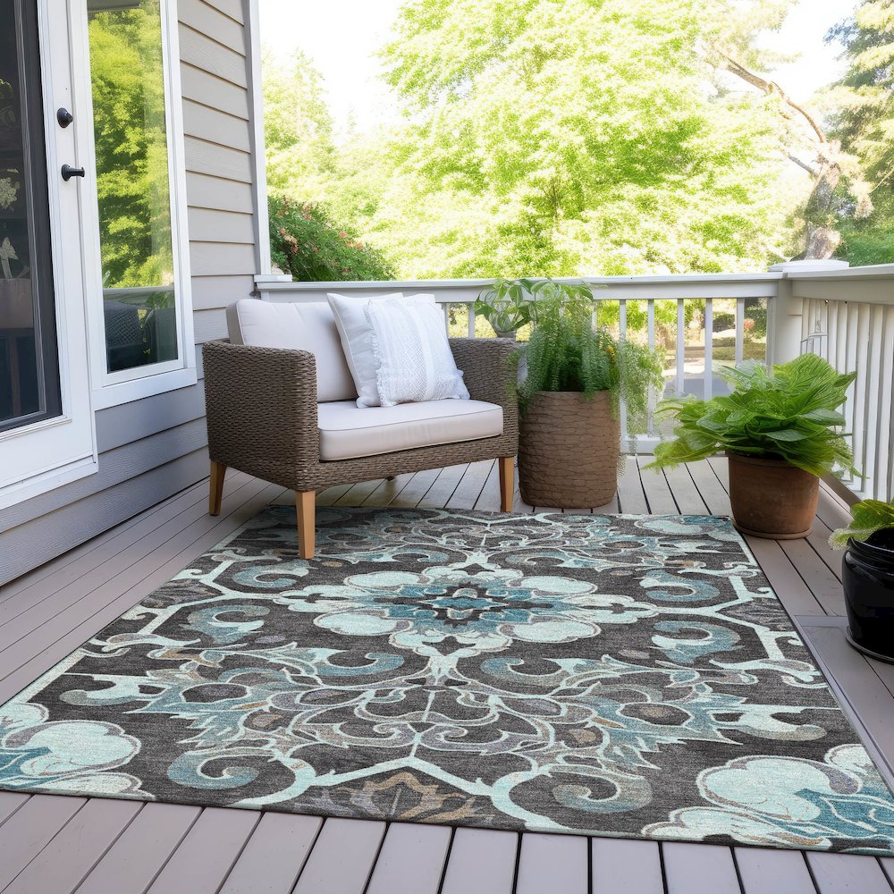 Machine Washable Indoor/Outdoor Chantille Teal 9' x 12' Rug. Picture 8