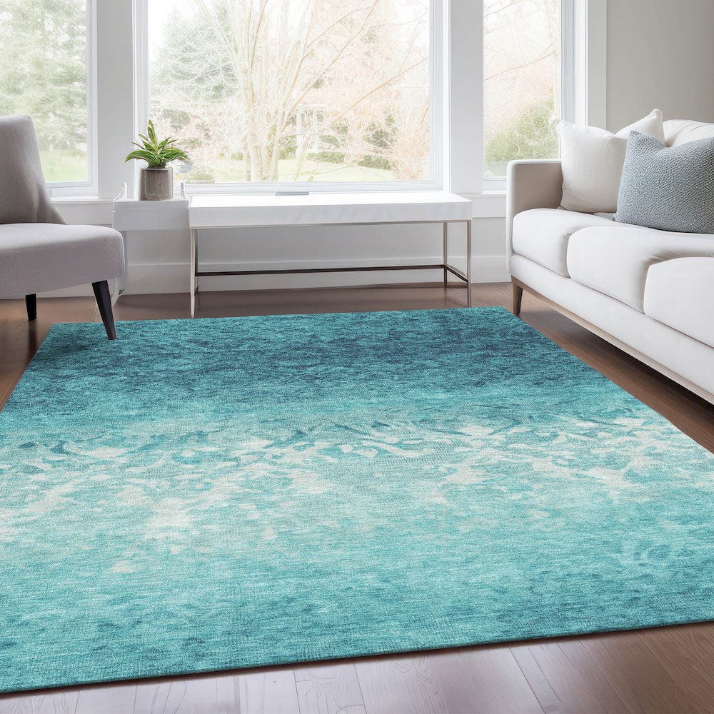 Machine Washable Indoor/Outdoor Chantille Teal 9' x 12' Rug. Picture 6
