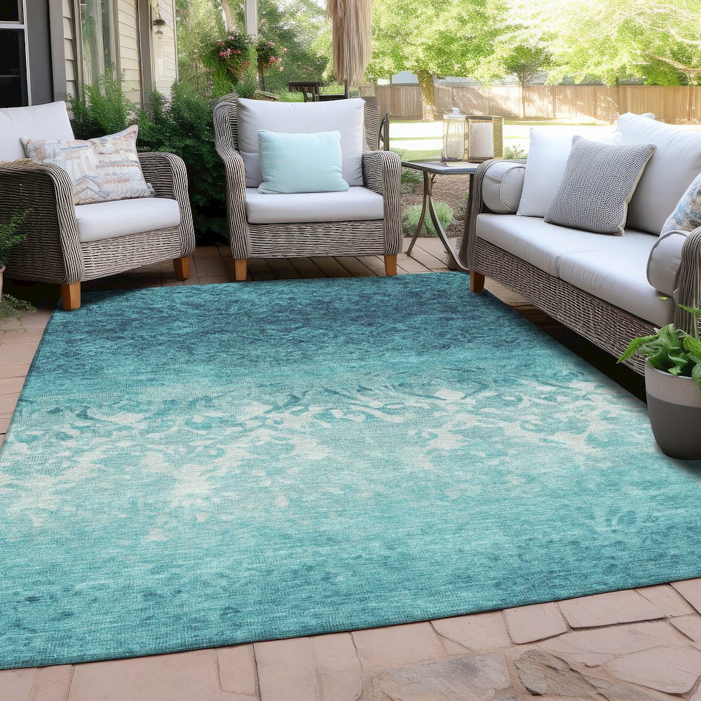 Machine Washable Indoor/Outdoor Chantille Teal 9' x 12' Rug. Picture 7